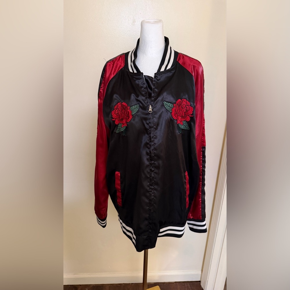 Carbon Black and Red Floral Bomber Jacket - Picture 4 of 13